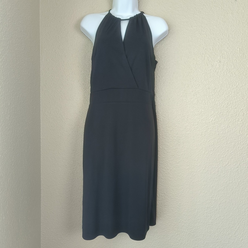 Ann Taylor Loft Black Halter Midi Dress Size 6 Crossover Keyhole Cocktail 121689